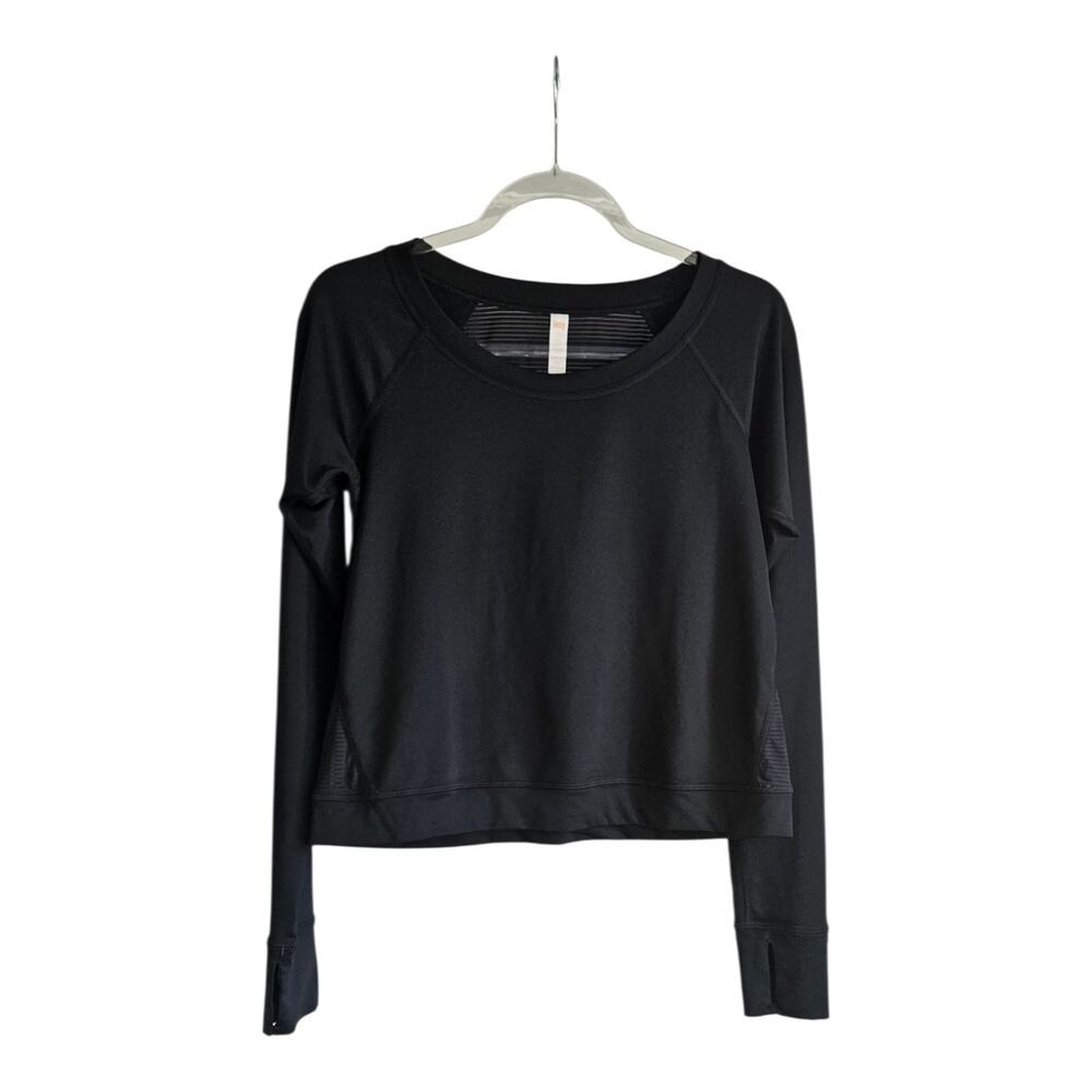 Lucy Womens Size SM Athleisure Crop Top Black Sheer Striped Back L/S Thumbholes